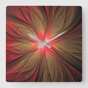 Horloge Carrée Fleur fractale de fansy rouge