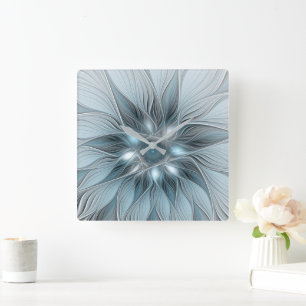 Horloge Carrée Fleur joyeuse abstraite fleur bleue grise fractale