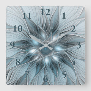 Horloge Carrée Fleur joyeuse abstraite fleur bleue grise fractale