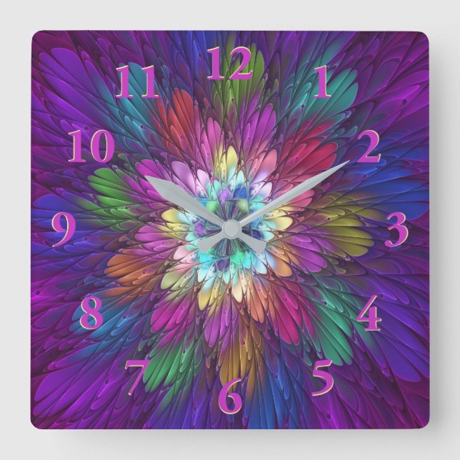 Horloge Carrée Fleur psychédélique colorée Art fractal Abstrait (Recto)