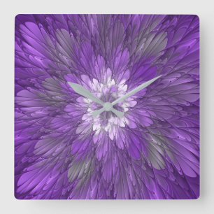 Horloge Carrée Fleur psychédélique violette Abstraite Fractal Art