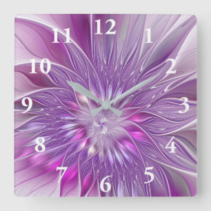 Horloge Carrée Fleur Rose Violet Passion Abstrait Art Fractal