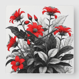 Horloge Carrée Fleur rouge sur Plante noir blanc