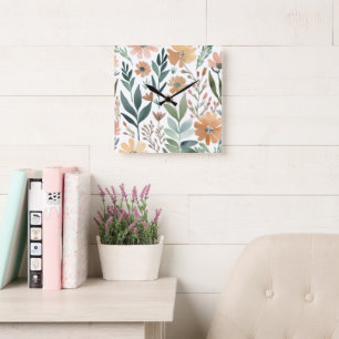 Horloge Carrée Fleur sauvage Boho Aquarelle Floral Pastel Décor