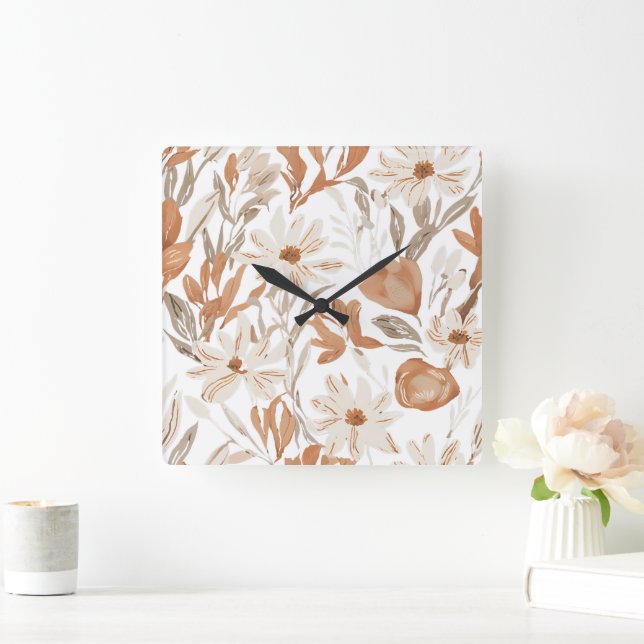Horloge Carrée Fleur sauvage en terre cuite Russe Boho Accent mur (Maison)