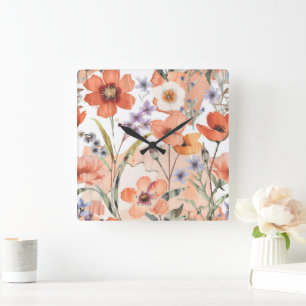 Horloge Carrée Fleur sauvage en terre cuite Russe Boho Accent mur