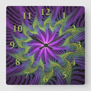 Horloge Carrée Fleuron vert violet Art Abstrait fractal moderne