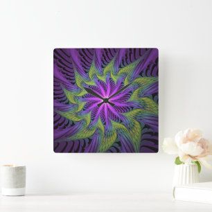 Horloge Carrée Fleuron vert violet Art Abstrait fractal moderne