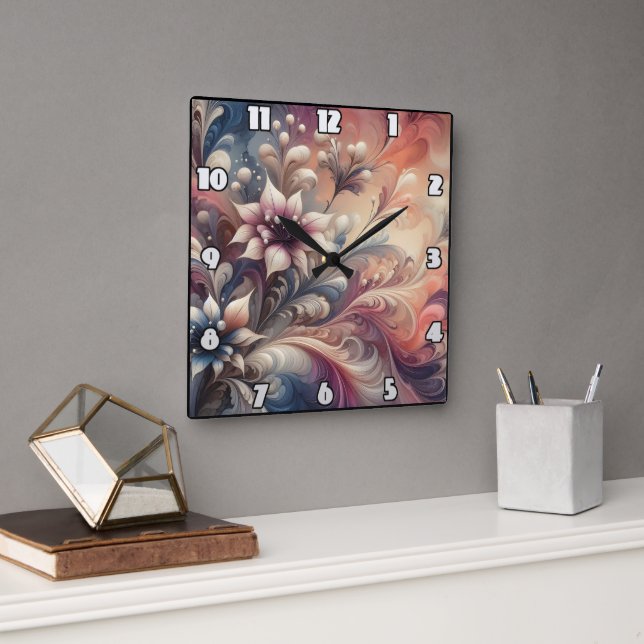 Horloge Carrée Fleurs Abstraites vibrantes (Bureau)