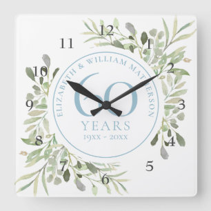 Horloge Carrée Fleurs aquarelles pour le 60e anniversaire