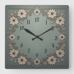 Horloge Carrée Fleurs Art Déco