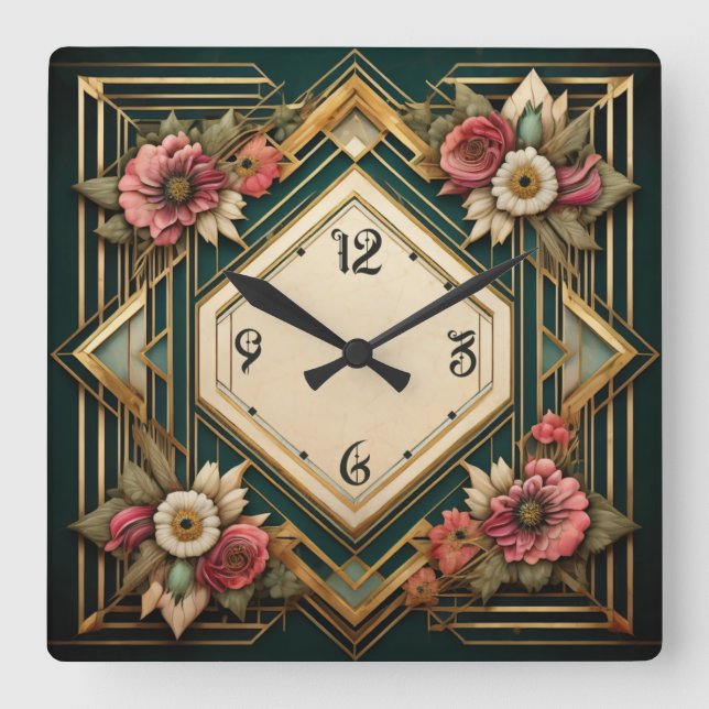 Horloge Carrée Fleurs Art Déco (Recto)