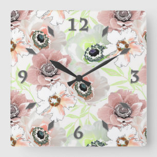 Horloge Carrée Fleurs blanches, roses.