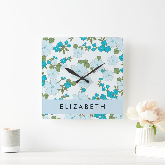 Horloge Carrée Fleurs Bleues, Motif De Fleurs, Votre Nom (Maison)