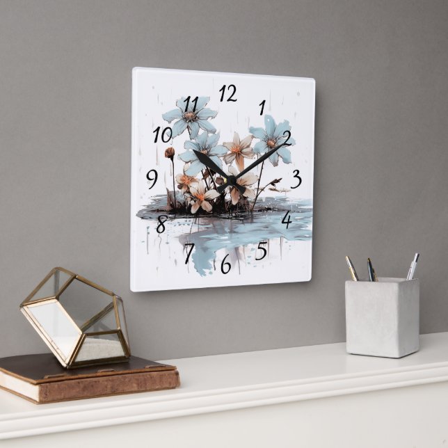 Horloge Carrée Fleurs Bleues Sur Une Bûche Flottant Sur L'Eau (Bureau)