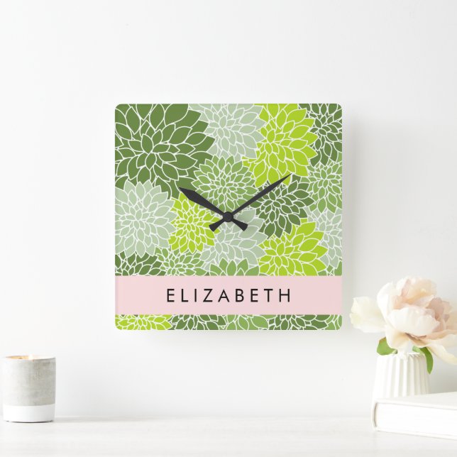 Horloge Carrée Fleurs Dahlia Vertes, Motif Floral, Votre Nom (Maison)