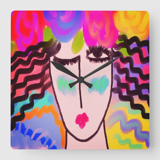 Horloge Carrée Fleurs dans son art abstrait de cheveux (Recto)