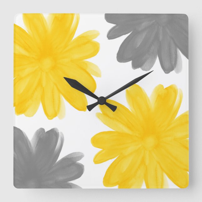 Horloge Carrée Fleurs d'aquarelle jaune et gris (Recto)