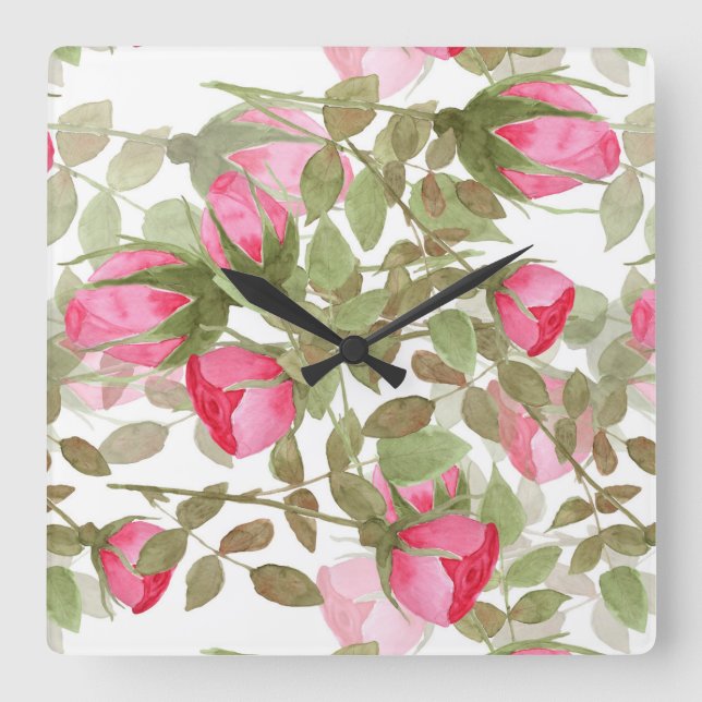Horloge Carrée Fleurs d'aquarelle rose rose roses romes florales (Recto)