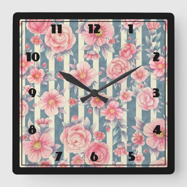 Horloge Carrée Fleurs d'aquarelle rose sur Motif rayé (Recto)
