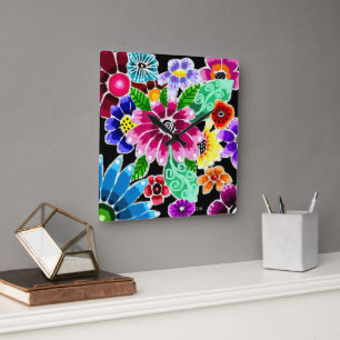 Horloge Carrée Fleurs d'art folklorique génoise multicolore