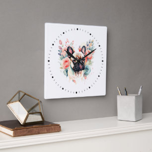Horloge Carrée Fleurs de Bulldog Français mignonnes