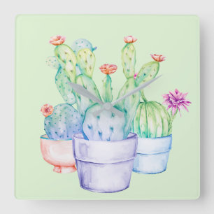 Horloge Carrée Fleurs de cactus Coral Mint Vert Aquarelle rose