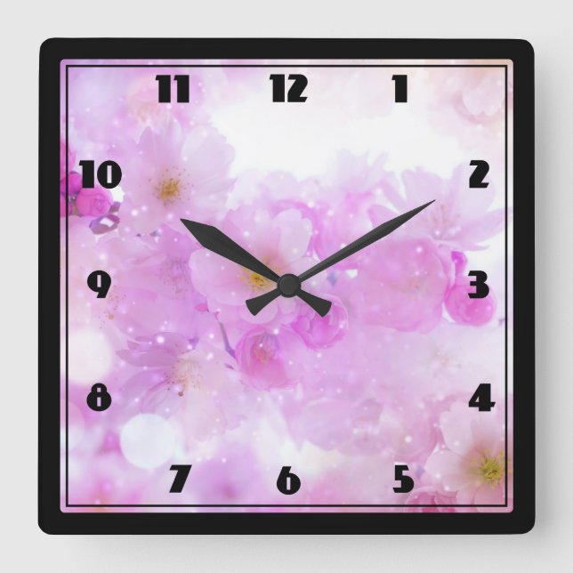 Horloge Carrée Fleurs de fleurs de cerisier rose (Recto)