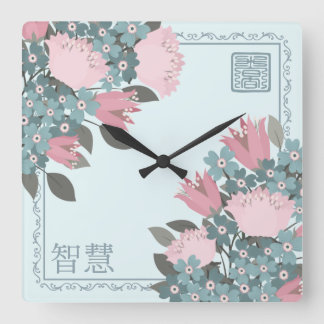 Horloge Carrée Fleurs de fleurs rose rose bleu rose art numérique