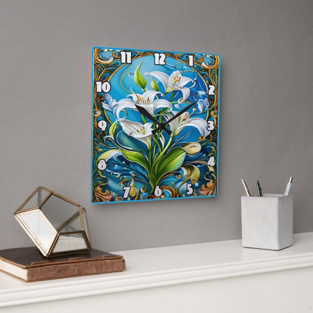 Horloge Carrée Fleurs de Lily dans le design floral orné (Bureau)