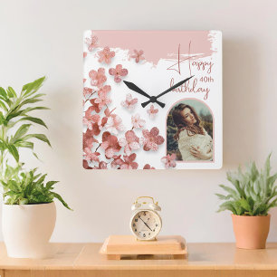Horloge Carrée Fleurs de Parties scintillant rose Floral 40e anni