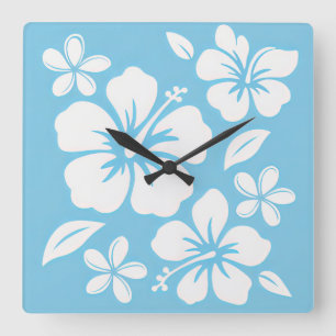 Horloge Carrée Fleurs de plage bleu tropical