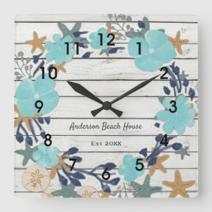 Horloge Carrée Fleurs de plage et Starfish Rustic