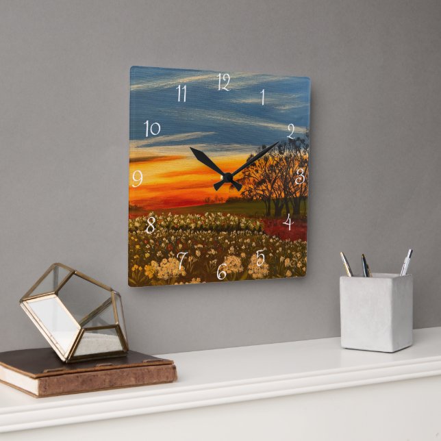 Horloge Carrée Fleurs de printemps au coucher du soleil, par Gary (Bureau)
