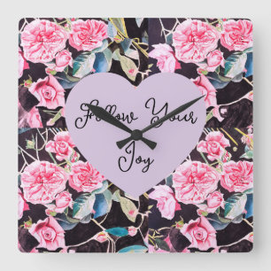 Horloge Carrée Fleurs de roseau aquarelle rose fleurs filles joie
