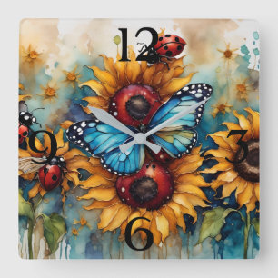 Horloge Carrée Fleurs de soleil, coccinelles et papillons
