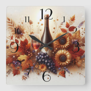 Horloge Carrée Fleurs de soleil d'automne, Vins et Raisins