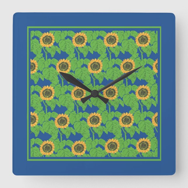 Horloge Carrée Fleurs de soleil dorées sur Arrière - plan bleu vi (Recto)