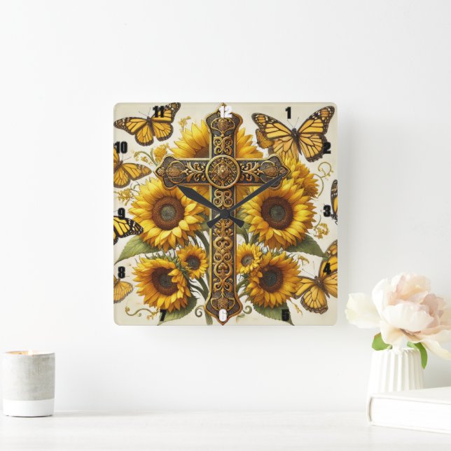 Horloge Carrée Fleurs De Soleil Et Papillons Jaunes Fondants. (Maison)