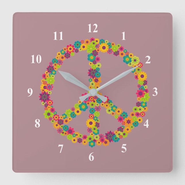 Horloge Carrée Fleurs des signes de paix hippie (Recto)