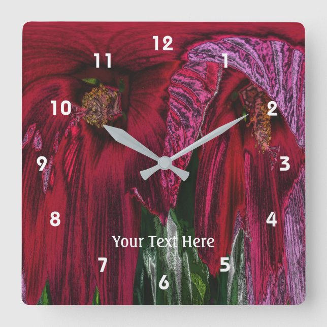 Horloge Carrée Fleurs d'Hibiscus rouge vif Art Abstrait (Recto)