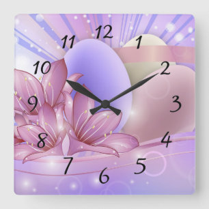 Horloge Carrée Fleurs et œufs sur un fond pastel coloré