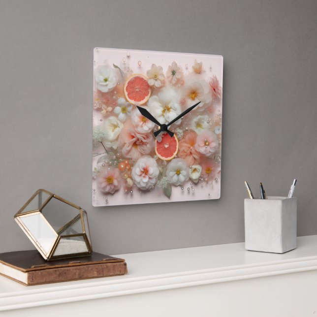 Horloge Carrée Fleurs et pamplemousses Abstraites (Bureau)