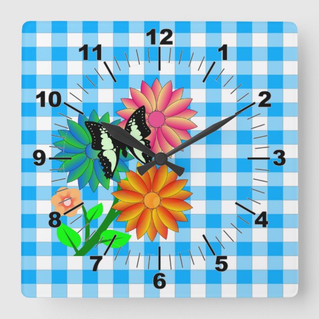 Horloge Carrée Fleurs et papillon en Vicky Bleu (Recto)