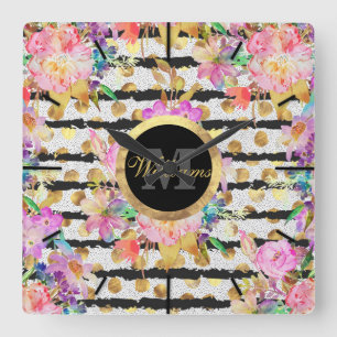 Horloge Carrée Fleurs et rayures de printemps élégantes