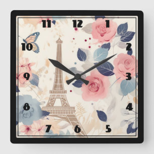 Horloge Carrée Fleurs et Tour Eiffel Paris Motif de voyage
