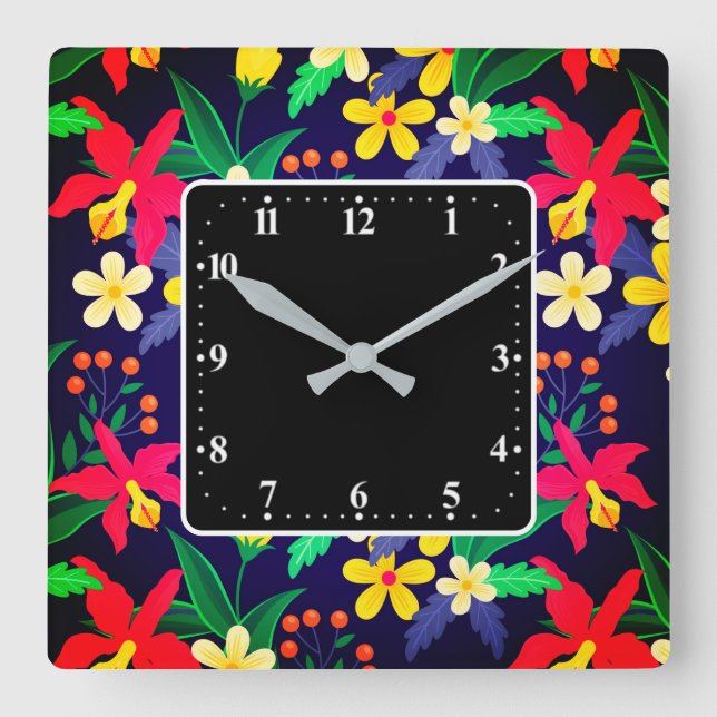 Horloge Carrée Fleurs Exotiques Colorées Motif Feuilles-23021 (Recto)