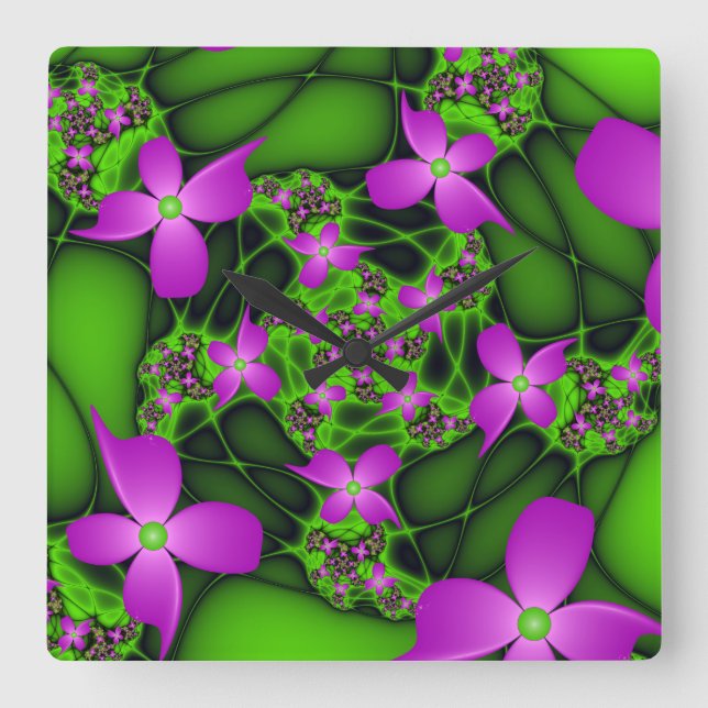 Horloge Carrée Fleurs faciales Abstraites de Neon Pink Green (Recto)