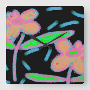 Horloge Carrée Fleurs funky Art Abstrait