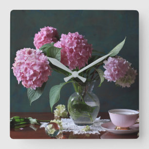 Horloge Carrée Fleurs   Hydrangées dans Vase